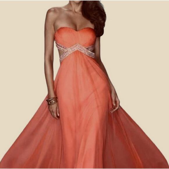 La Femme Dresses & Skirts - La Femme Strapless Embellished Chiffon Gown Hot Coral Size 2